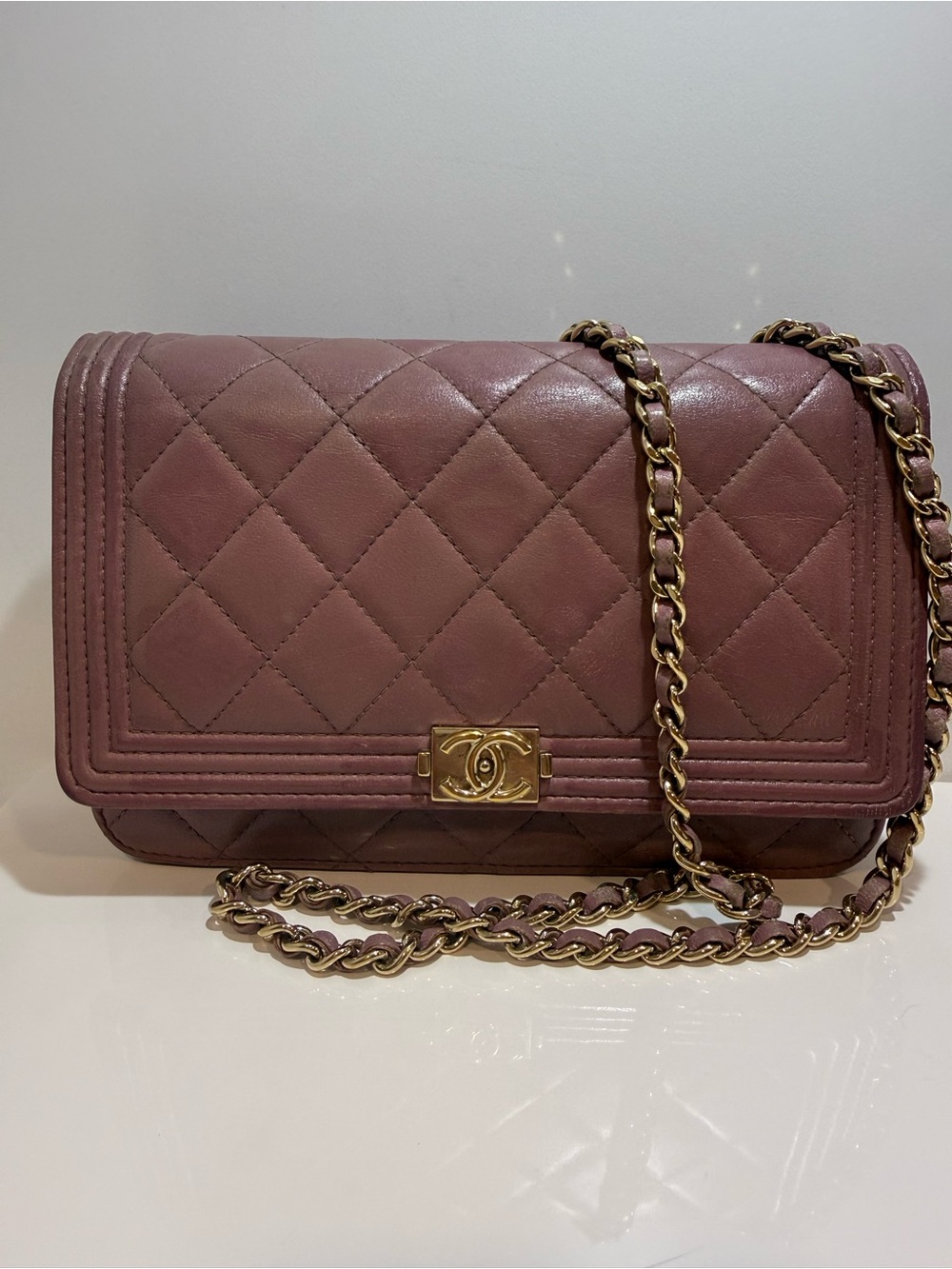 CHANEL Dusty Rose Diamond Quilted Boy Wallet on a Chain